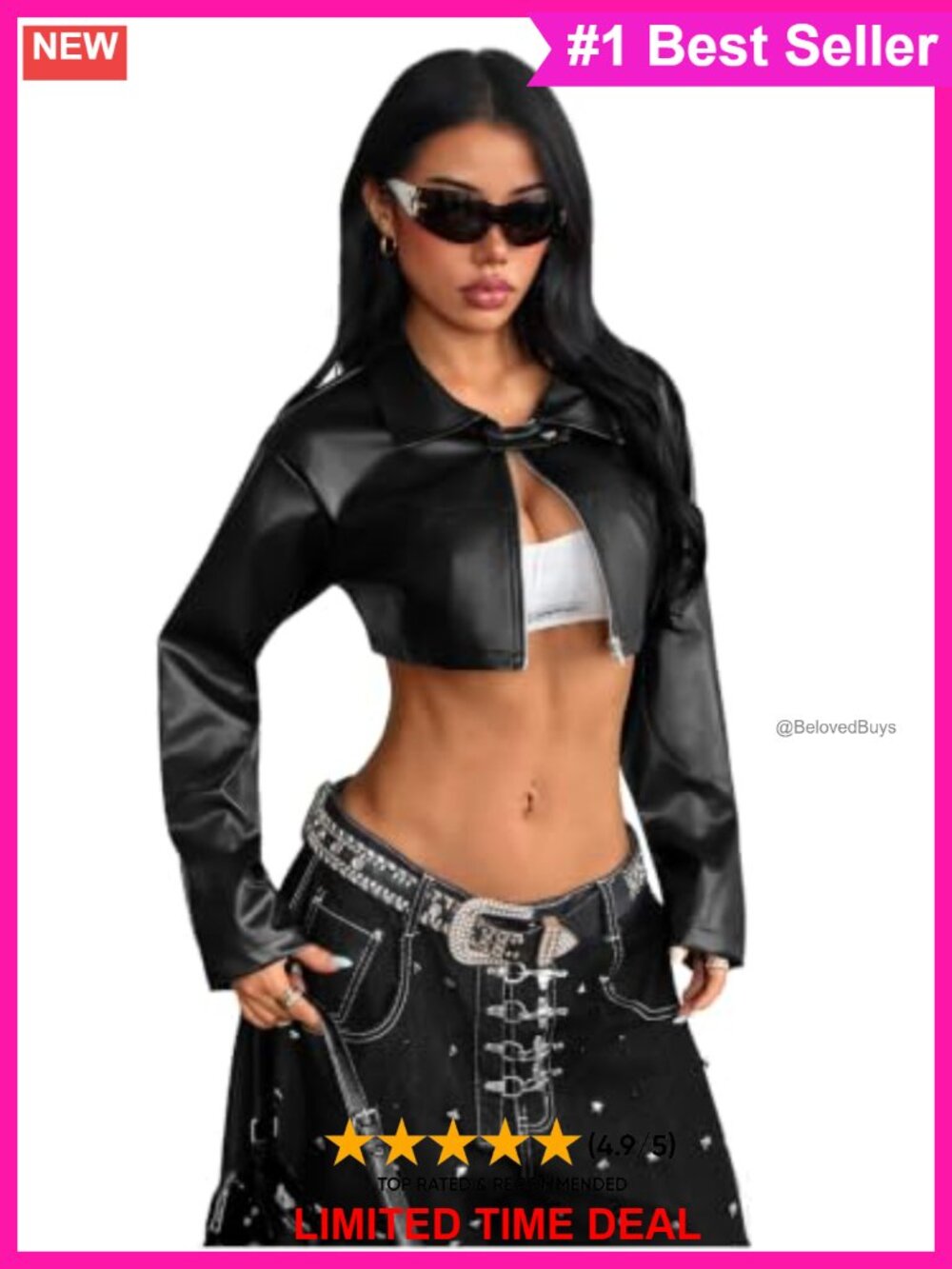 Women's Faux Leather Cropped Motorcycle Jacket Y2K Zip Collared Bomber